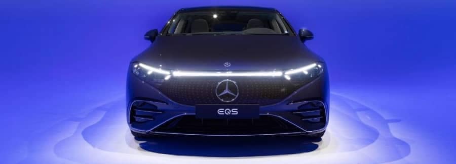 Gray 2022 Mercedes-Benz EQS Front on Blue Backgroun