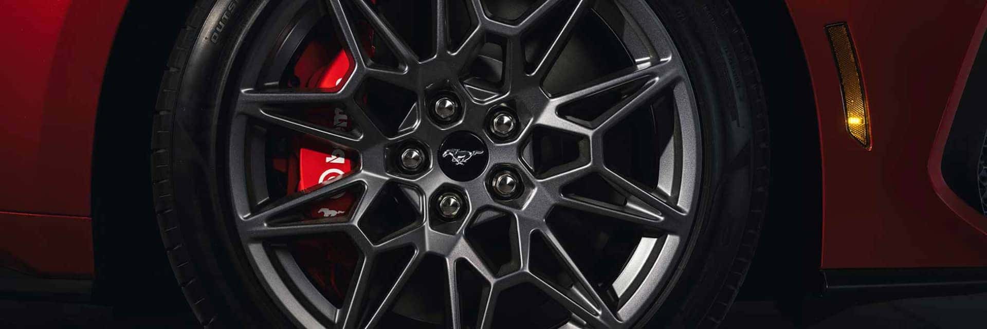 Close up of the wheels of a Ford Mustang