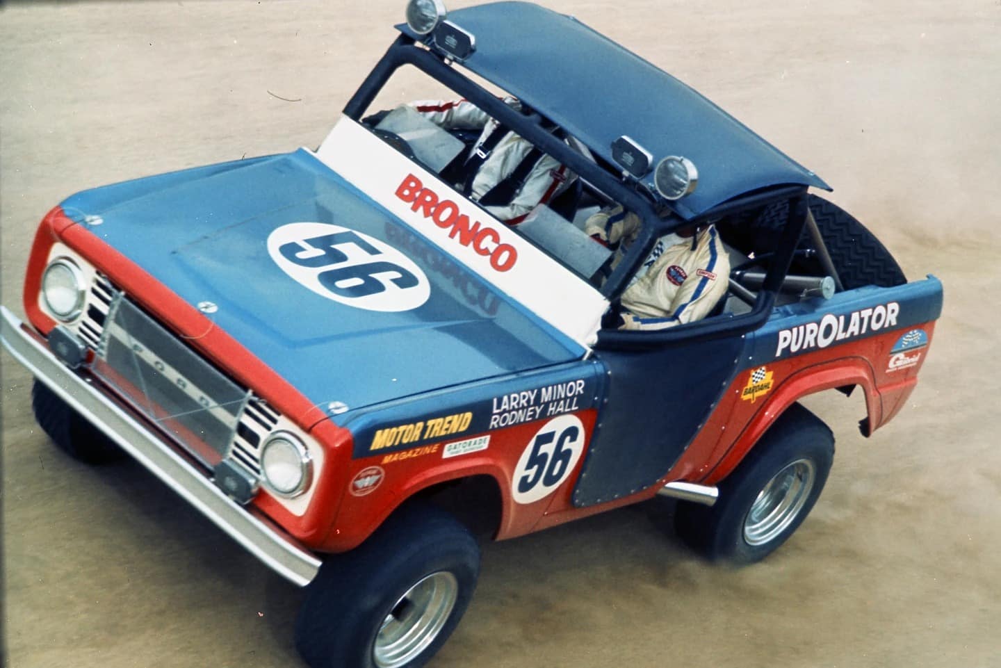 The legendary racing Ford Bronco driven by Larry Minor and Rodney Hall to an overall victory in the 1969 Mexican 1000 race.