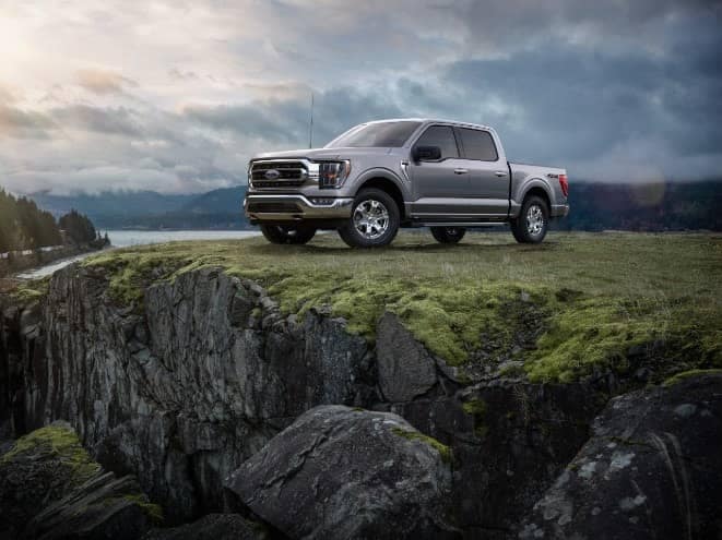 All-new F-150 in silver parked on the top of a rocky hill with a tree-line view in the background.