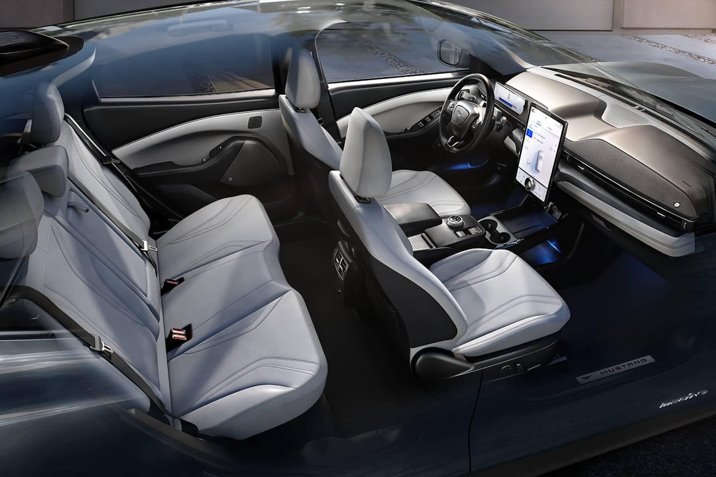 Interior of the all-new 2021 Ford Mustang Mach-E with light-colored seats.