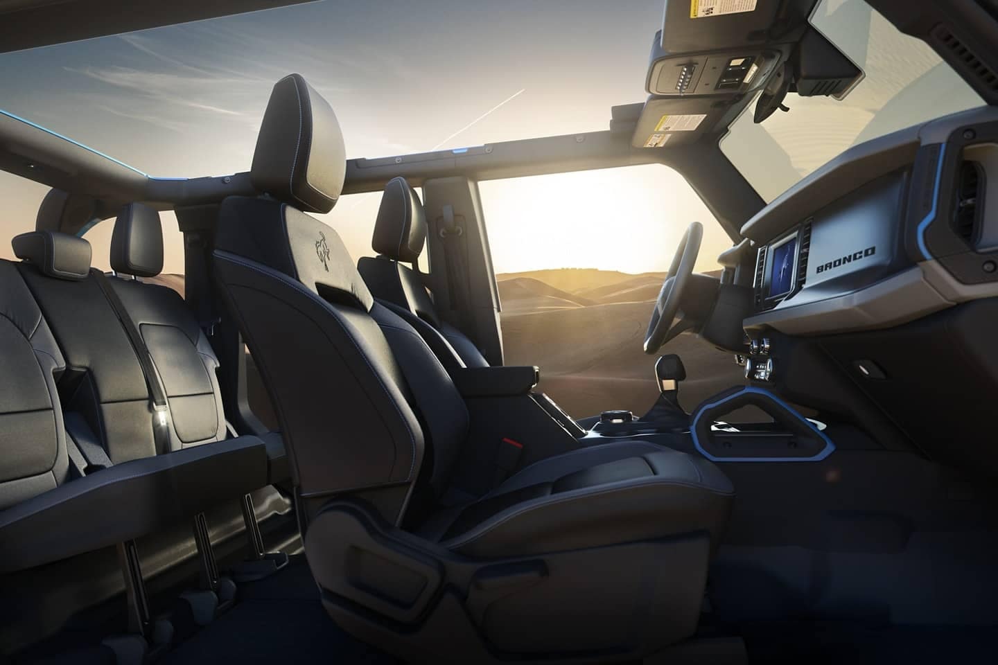 2021 Ford Bronco Black Diamond interior with black marine-grade vinyl seating.
