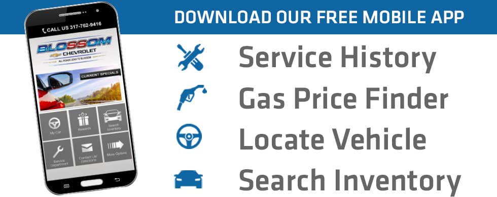 A mobile phone is shown with the text "Download our free mobile app. Service History, Gas Price Finder, Locate Vehicle, Search Inventory"