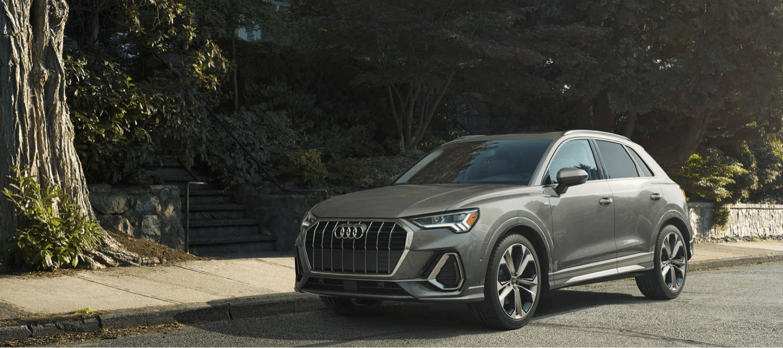 Audi Q7 parked in tree lined street