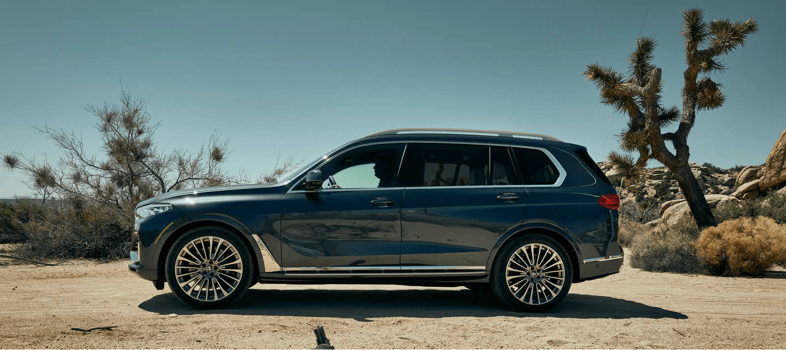BMW X7 parked in desert scene