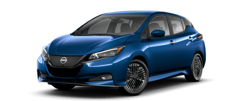 Angled view of a blue 2023 Nissan LEAF