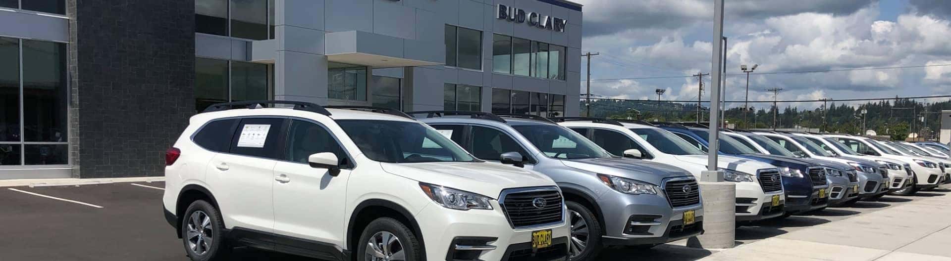 An exterior view of the top of a Subaru Dealership Building