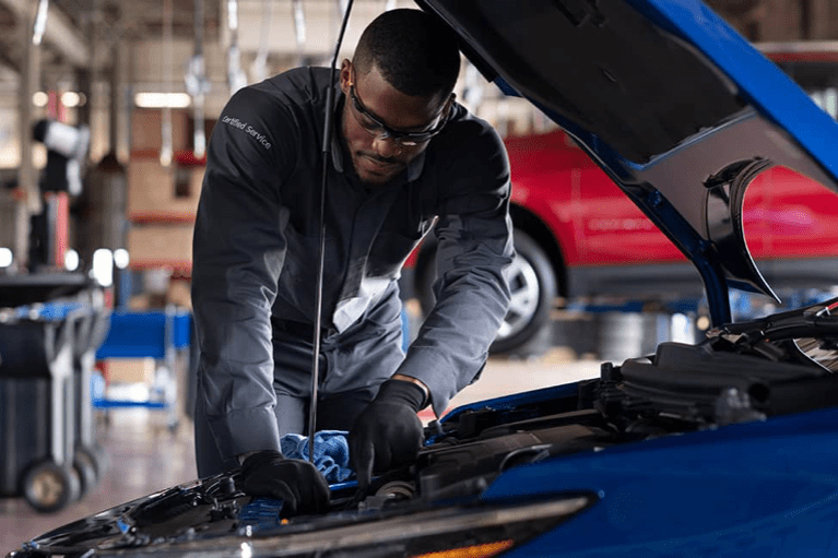 Certified technician examines under car hood