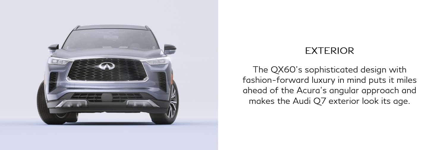 INFINITI QX60 Exterior design is miles ahead of the Acura's angular approach and makes the Audi Q7 exterior look its age.