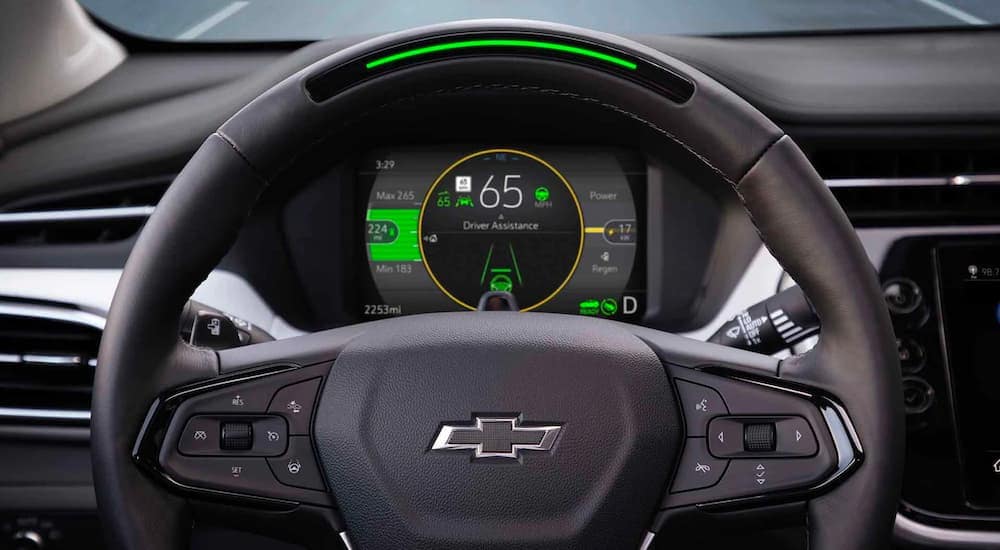A close up shows the gauges and drive assist features in a 2022 Chevy Bolt EUV.