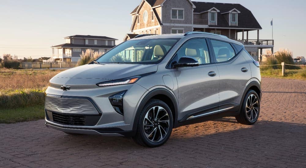 A silver 2022 Chevy Bolt EUV is shown parked in a driveway.