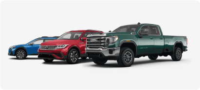 3 vehicles lined up in blue, red, and green