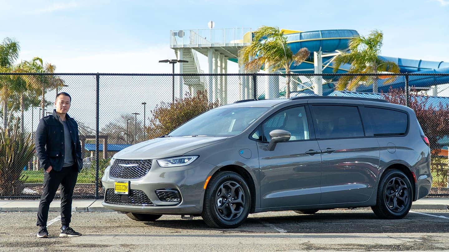 2021 Chrysler Pacifica Hybrid parked in front of a waterpark