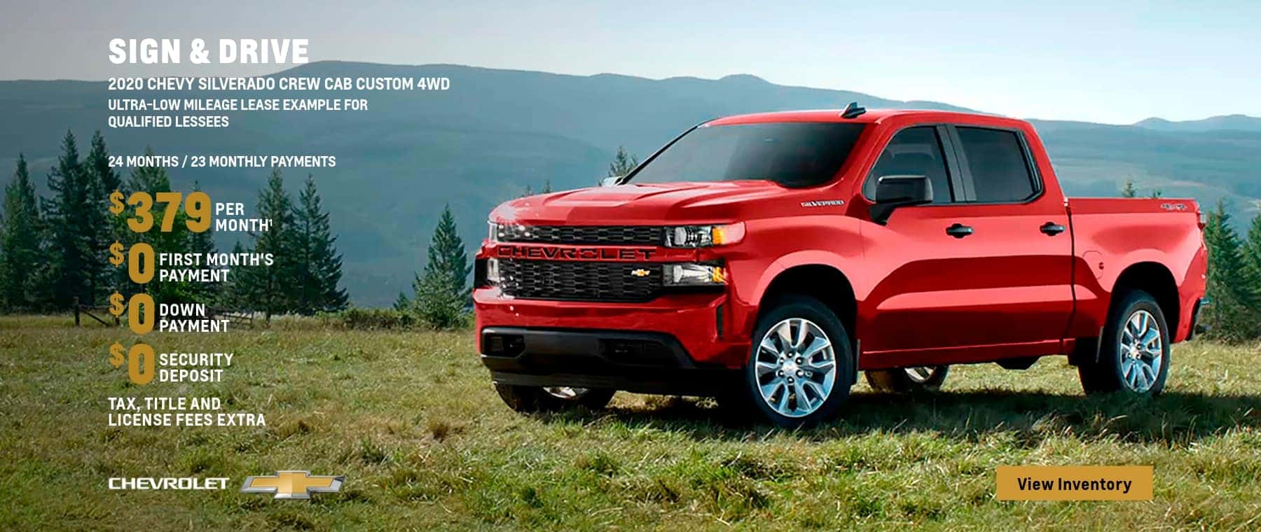 2020 Silverado Crew Cab Custom 4WD. Ultra-Low Mileage Lease Example for Qualified Lessees $379 per month.