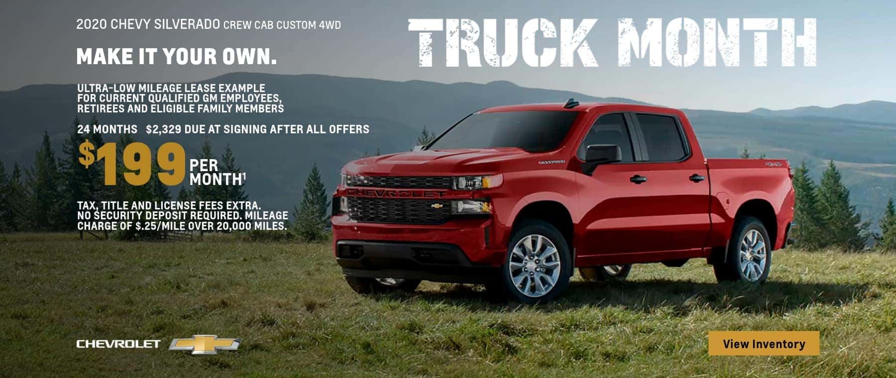 2020 Silverado 1500 Crew Cab Custom 4WD Ultra-Low Mileage Lease Examples for Qualified Lessees $199 per month.