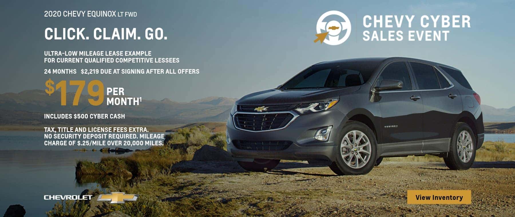 Ultra low mileage lease example for current qualified competitive lessee. 24 month, 2,219 due at signing, $179 per month. Includes $500 Cyber Cash.