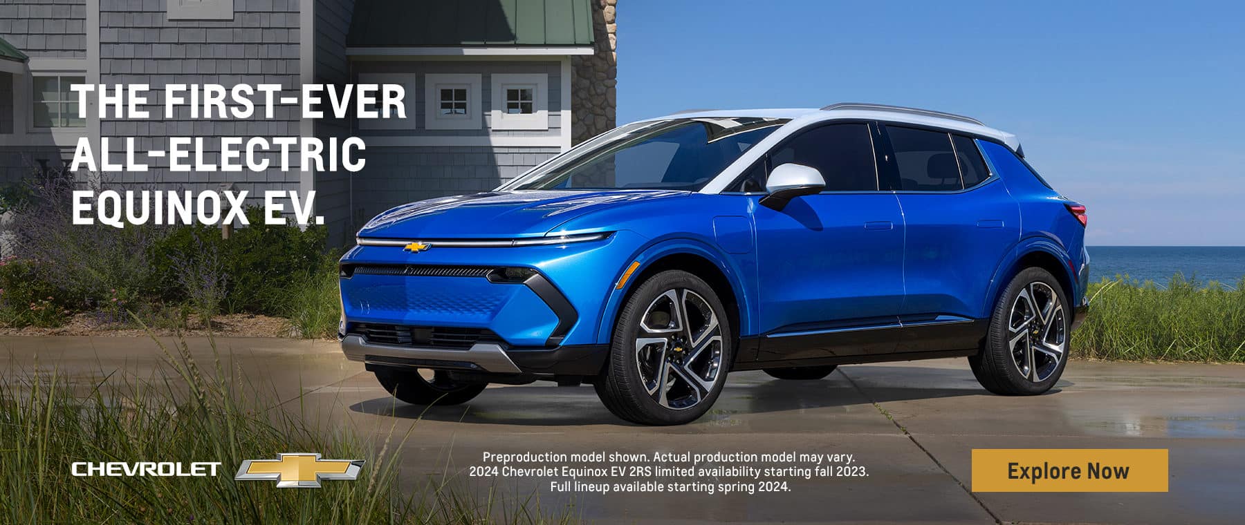 The first-ever all-electric Equinox EV. Preproduction model shown. Actual production model may vary. 2024 Chevrolet Equinox EV 2RS limited availability starting fall 2023. Full lineup available starting spring 2024.