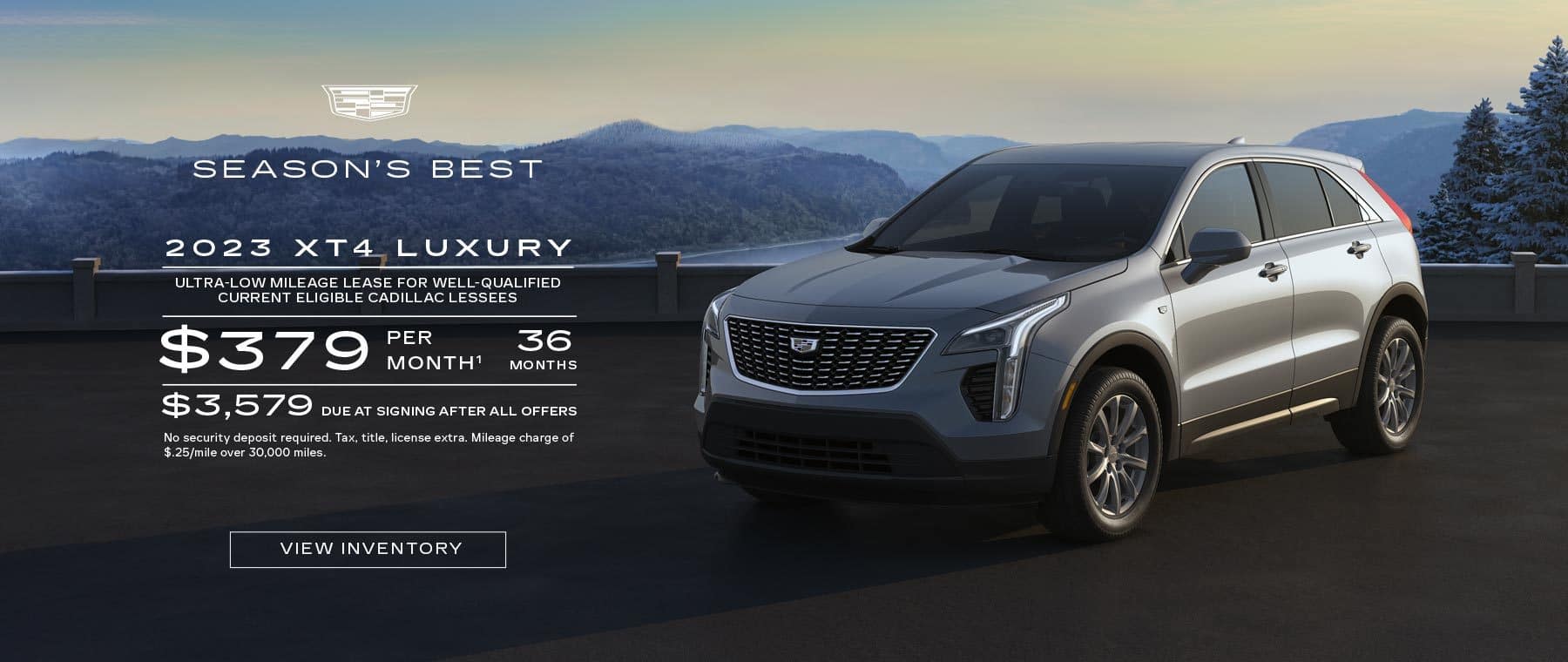 2023 XT4 Luxury. Ultra-low mileage lease for well-qualified current eligible Cadillac lessees. $379 per month. 36 months. $3,579 due at signing after all offers.