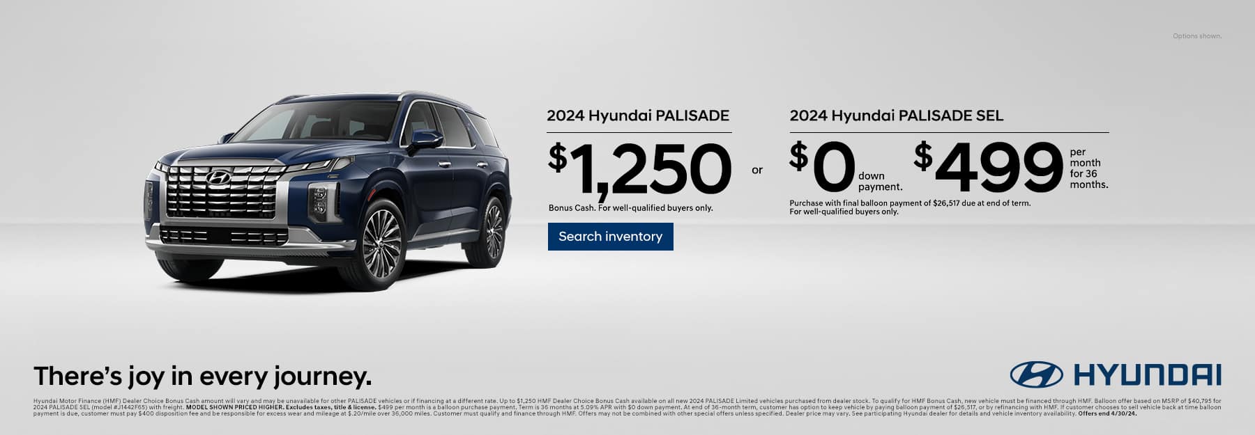 Drive the New 2024 Tucson SE for $349/mo for 39 mo lease with only $1 down -or- Purchase the New 2024 Hyundai Tucson and choose 2.99% APR for 60 months or $1500 HMF Bonus Cash | Drive the New 2023 Santa Fe SE for only $409/mo for 39 mo lease with only $1 down -or- Purchase the New 2023 Hyundai Santa Fe SEL and choose $3000 HMF Bonus Cash or 2.99 APR for 60 months + $1500 HMF Bonus Cash