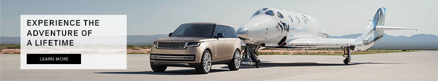 Experience the Adventure of a lifetime - As a land rover vehicle owner, enter for your chance to win a trip to space with Virgin Galactic. New 2023 Range Rover in color gold pulling a jet