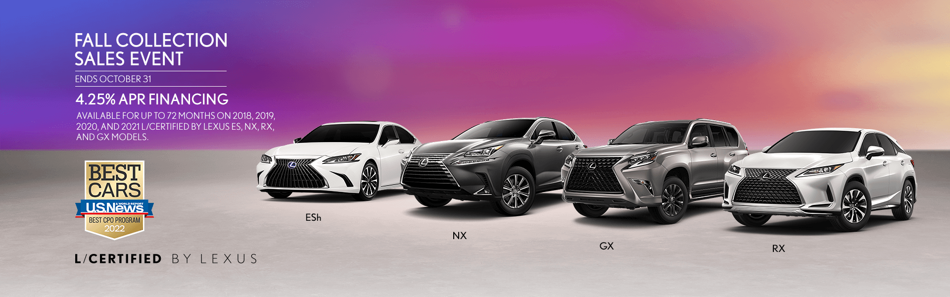 Lexus L|Certified Fall Sales event featuring the ESh and RX in Eminent White Pearl