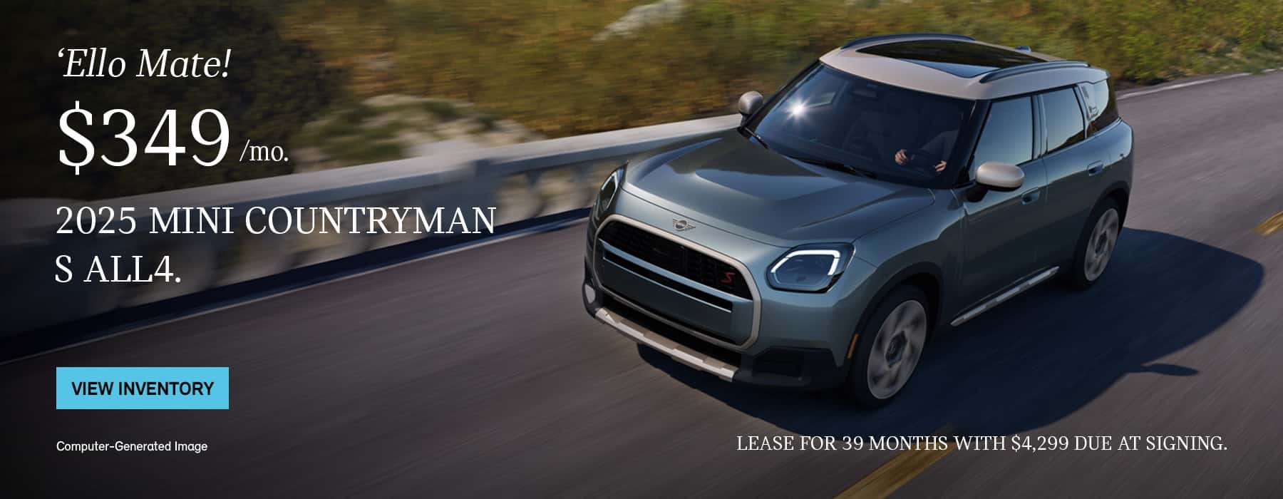 Front side view of MINI Countryman S ALL4 driving up a country road.