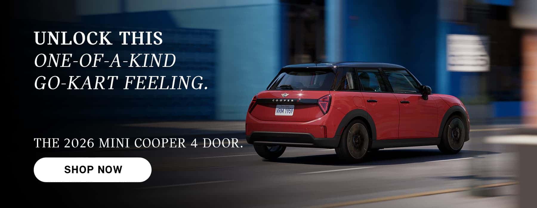 Red MINI Cooper 4-door driving on a city street, with motion blur in the background and ad text promoting the 2026 model and a “Shop Now” button.