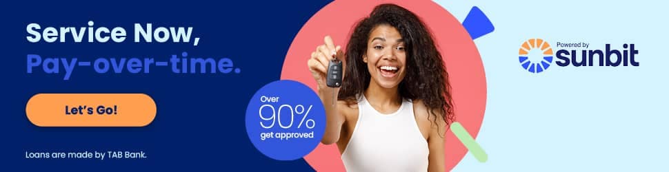 Service now, pay over time with sunbit and an image of a girl happy with her car keys in hand 