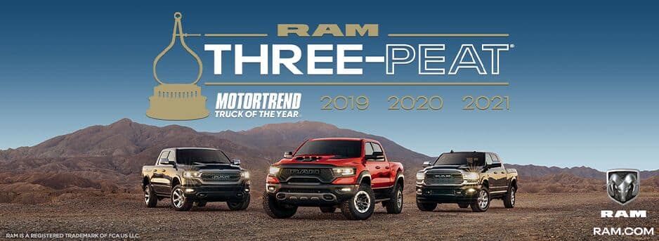 3 award-winning Ram trucks showcasing that Ram has won Motor Trend Truck of the Year 3 years in a row, 2019, 2020, 2021