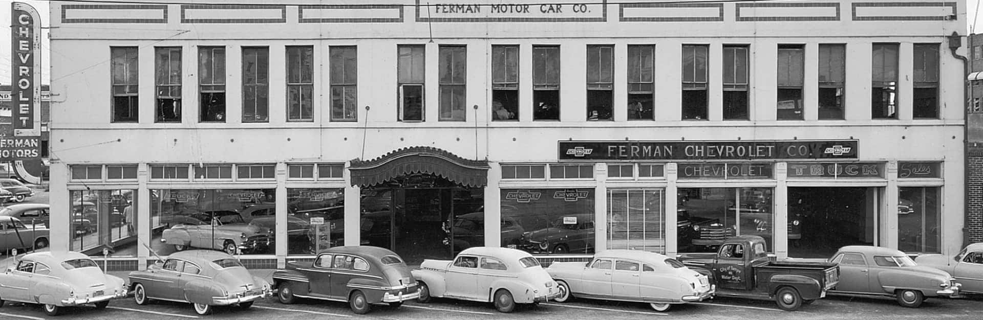 Ferman was awarded a Chevrolet dealership in 1930. Pictured was Ferman’s newest, state-of-the-art dealership on Jackson Street circa 1950.