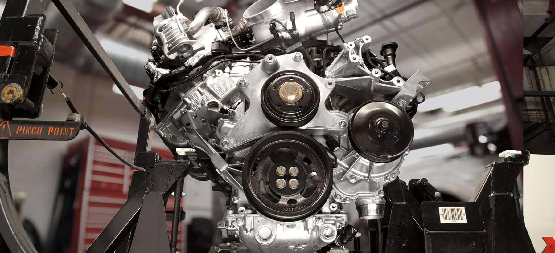 brand new Ford engine in shop