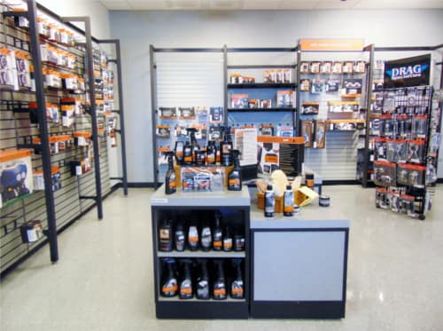 Fluids and accessories on shelves