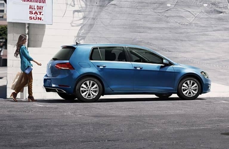 Exterior view of the rear of a blue 2020 Volkswagen Golf