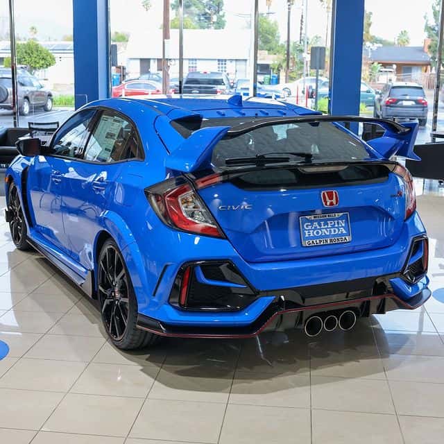 Blue car in showroom