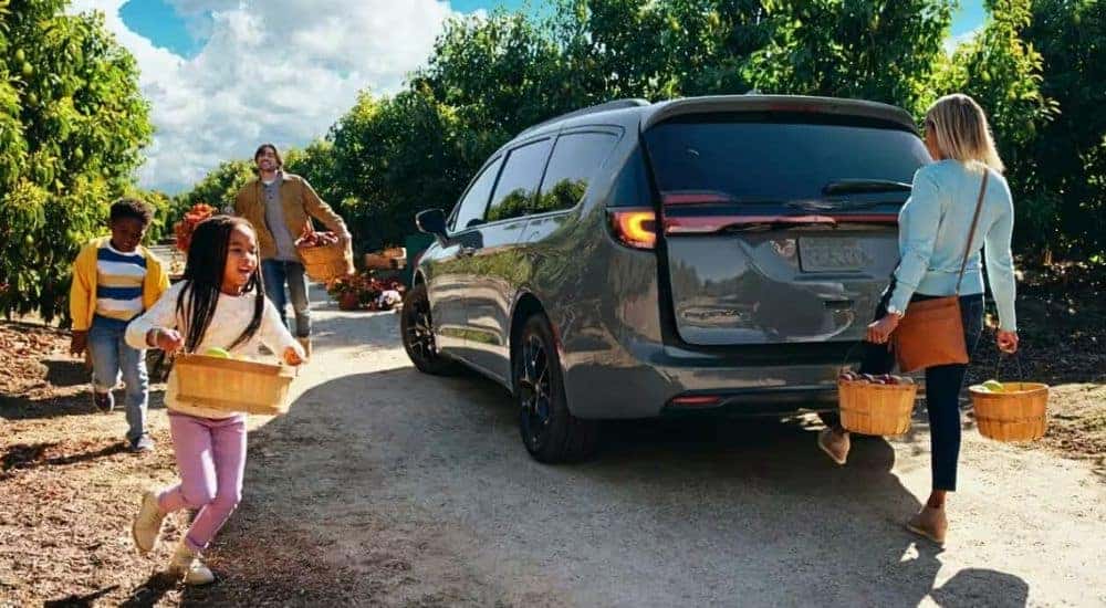 A grey 2023 Chrysler Pacifica is shown in an apple orchard.