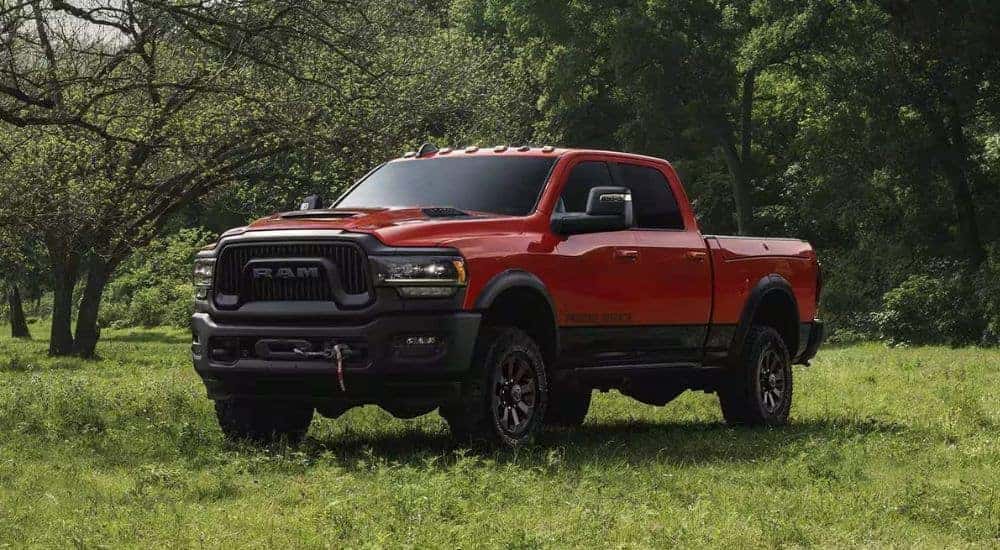 A red 2024 Ram 2500 Power Wagon parked off-road in a grassy clearing.