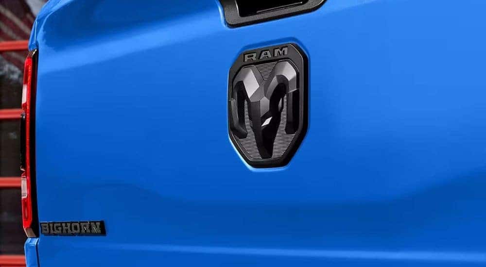 A close up shows the rear badges on a 2023 Ram 1500 Big Horn Built to Serve Edition.