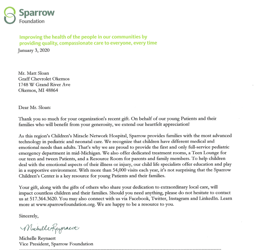 Sparrow Foundation Thank you letter