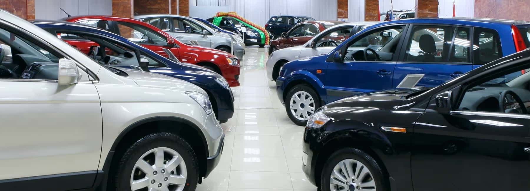 Cars-are-lined-up-in-a-showroom-facing-each-other