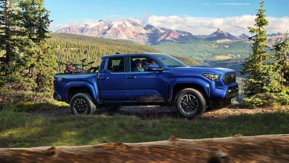 A popular Toyota Tacoma for sale near Manchester, VA, a blue 2024 Toyota Tacoma TRD Sport, is shown driving on a trail.