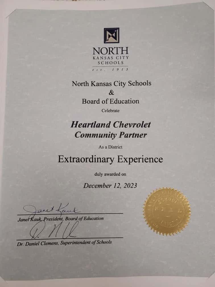 Heartland Chevrolet Community Partner certificate