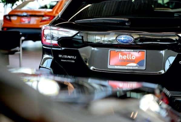 Close-up of a Subaru vehicle with a Hello Subaru of Valencia license plate