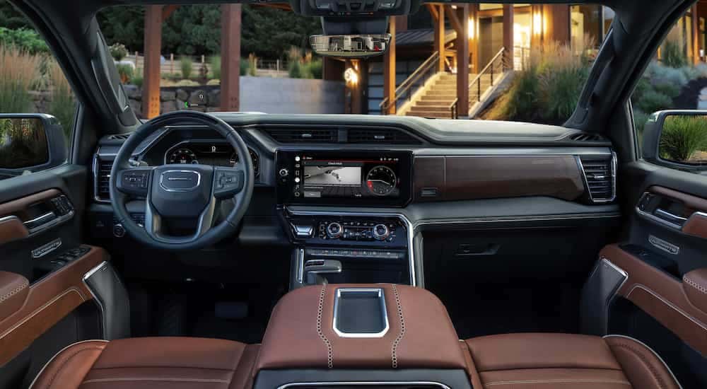 The brown interior of a 2025 GMC Sierra 1500 Denali Ultimate.