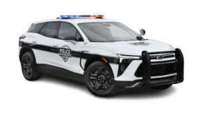 White Chevy Blazer EV police vehicle angled right