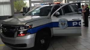 Grey Chevy Tahoe police vehicle