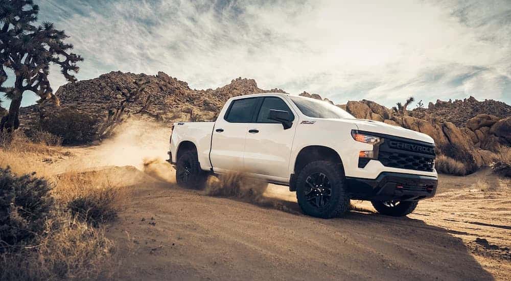 A white 2025 Chevy Silverado 1500 from the side.