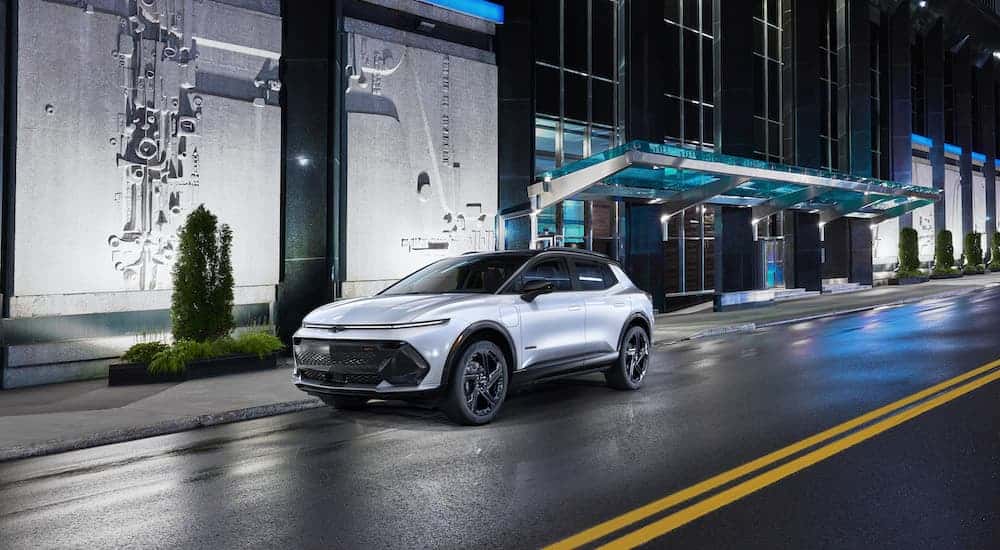 A white 2025 Chevy Equinox EV from the front at an angle.