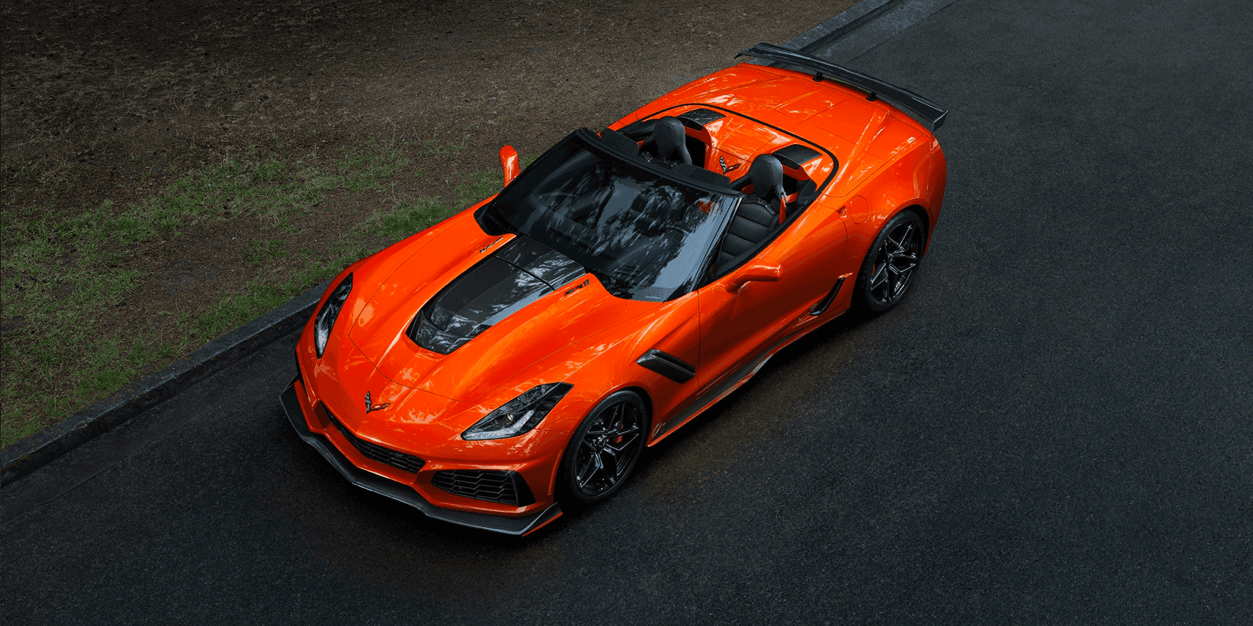 birds eye view looking down on orange Corvette ZR1