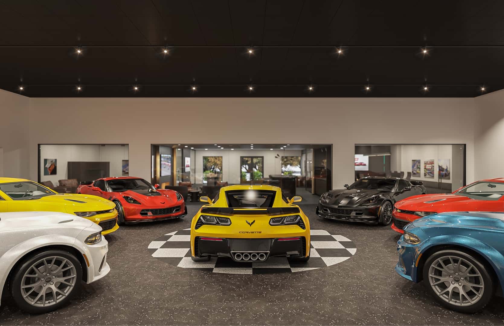 Interior of showroom with high-end sports cars on display