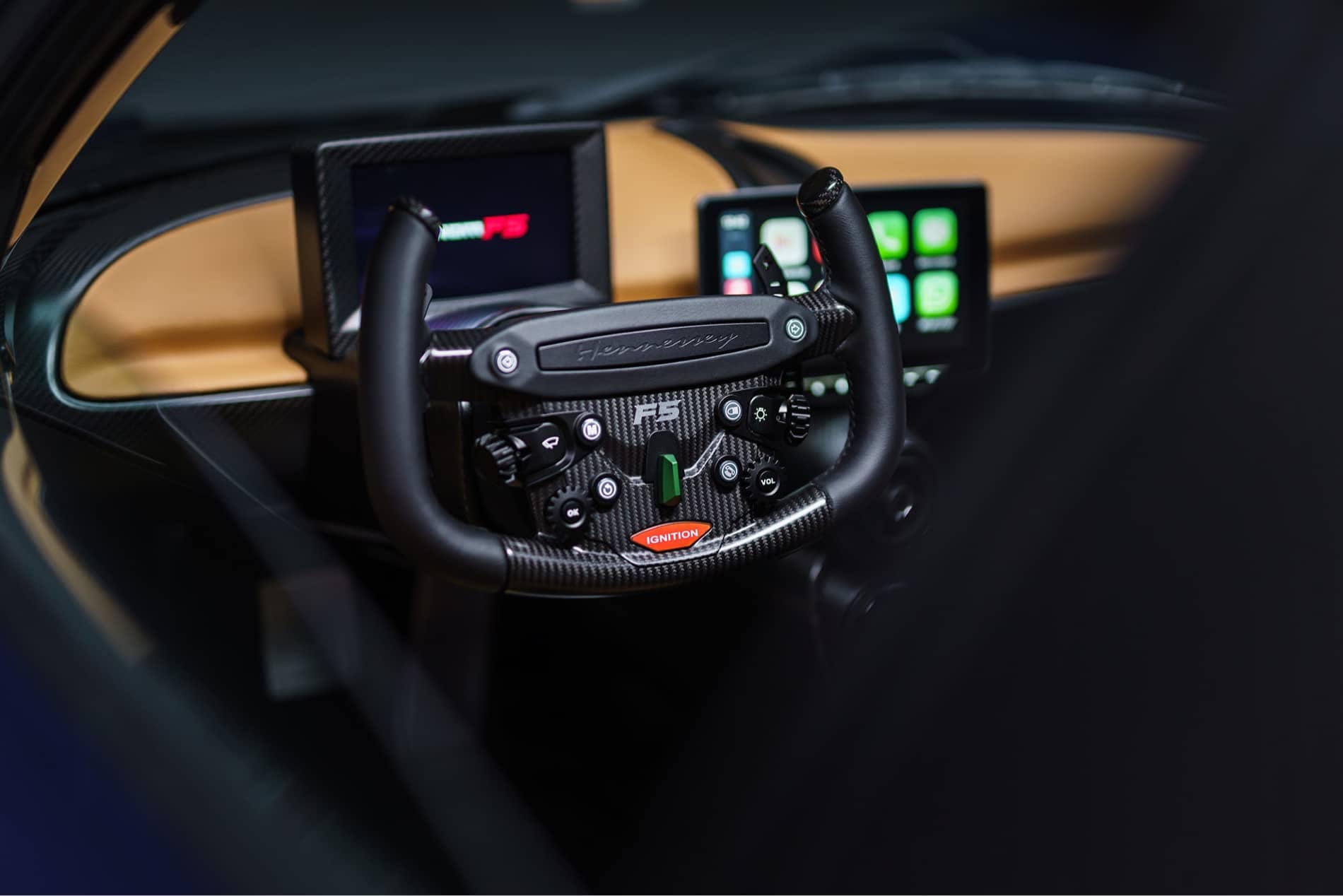 Venom F5 interior steering wheel close up